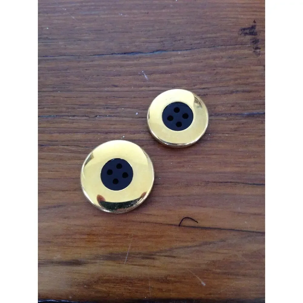 Pair of Vintage Mid Century Black Plastic Brass Goldtone Four Hole Buttons 2cm